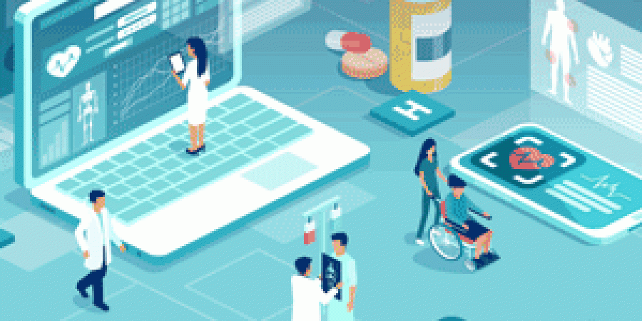 Image of health professionals navigating technology